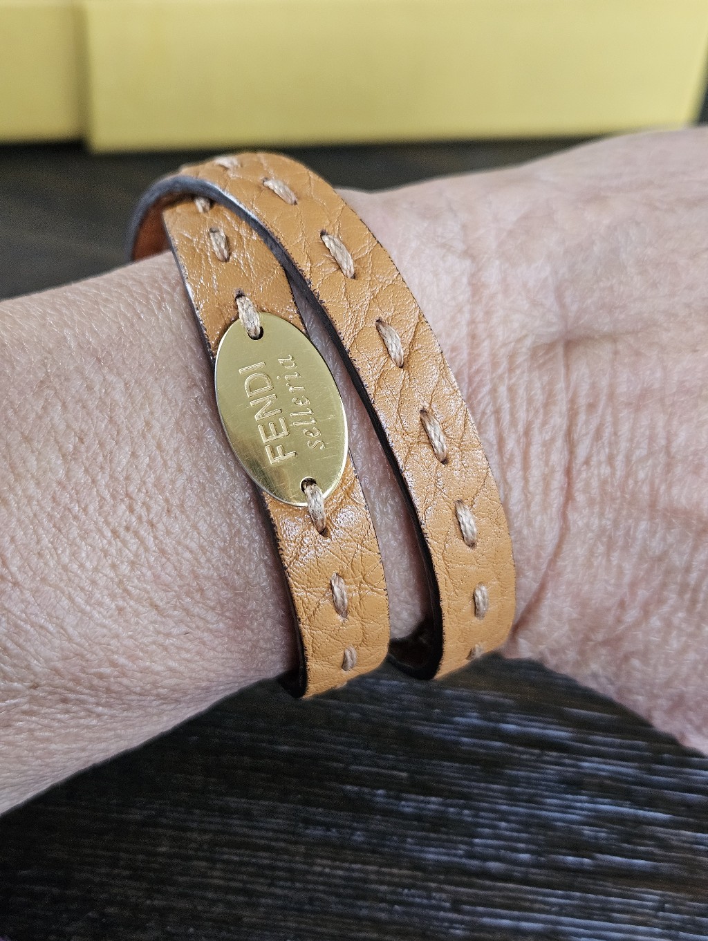 Fendi Selleria Tan Leather Double-Wrap Bracelet With Gold Plate
